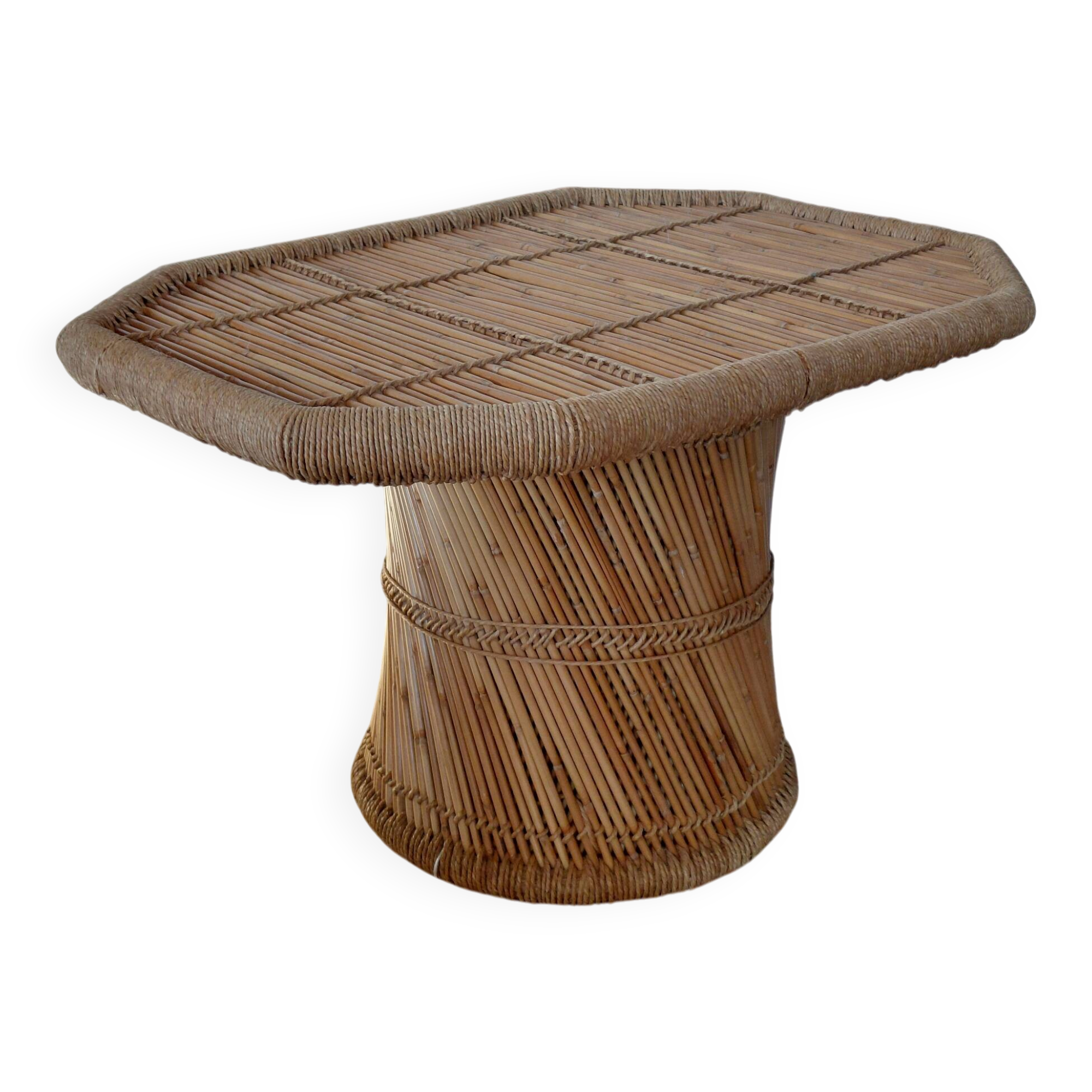 Vintage coffee table with braided cord in Audoux Minet bamboo style/1970s
