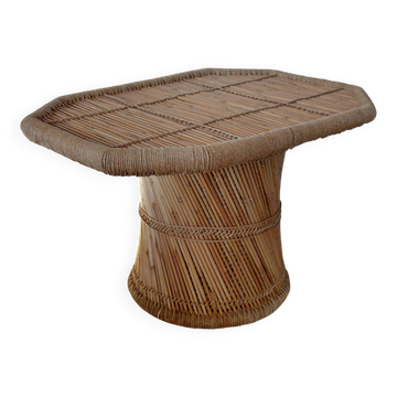 Vintage coffee table with woven rope in bamboo style Audoux Minet/1970s