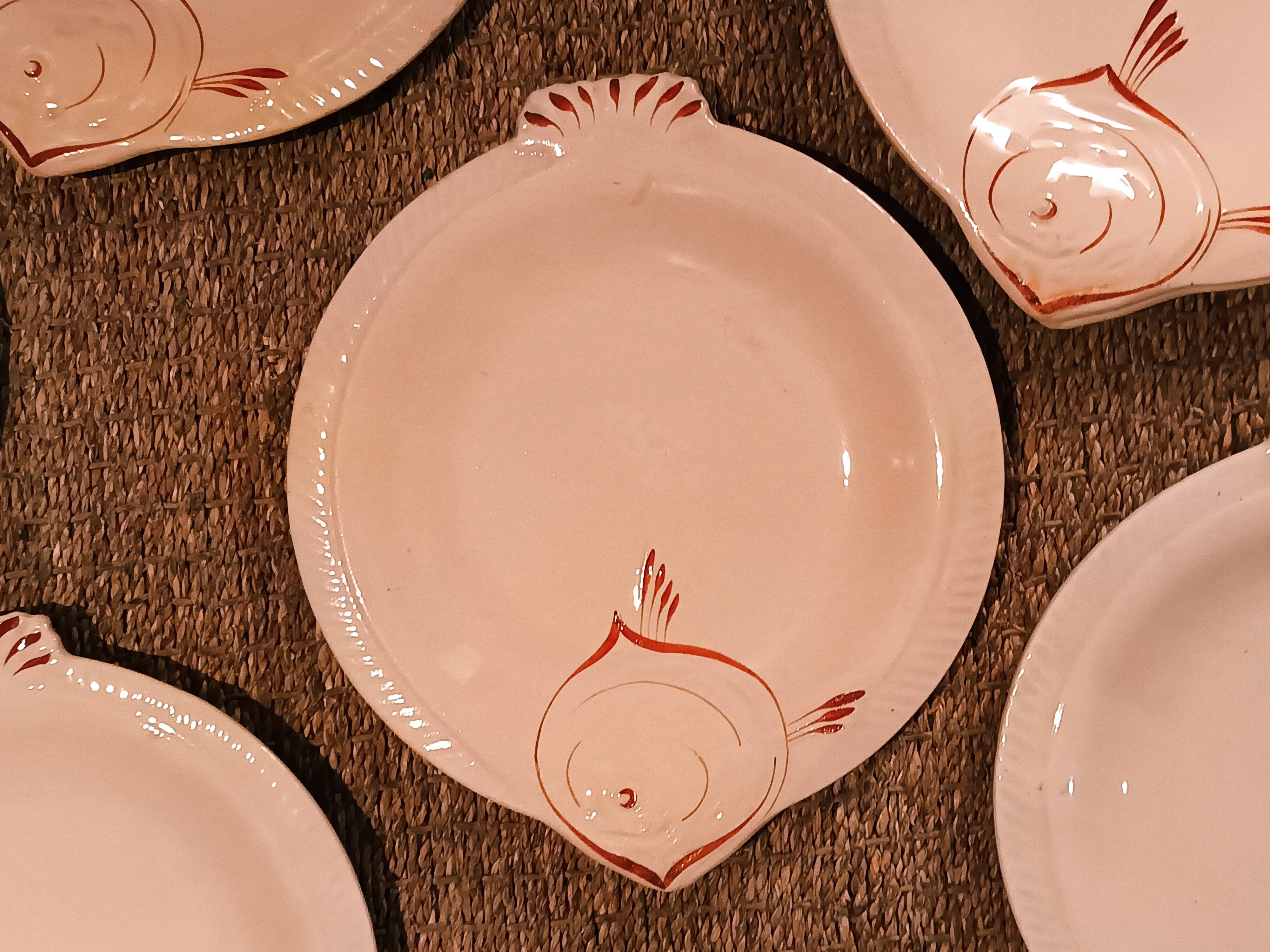 Set of 8 Longwy earthenware fish plates in powder pink