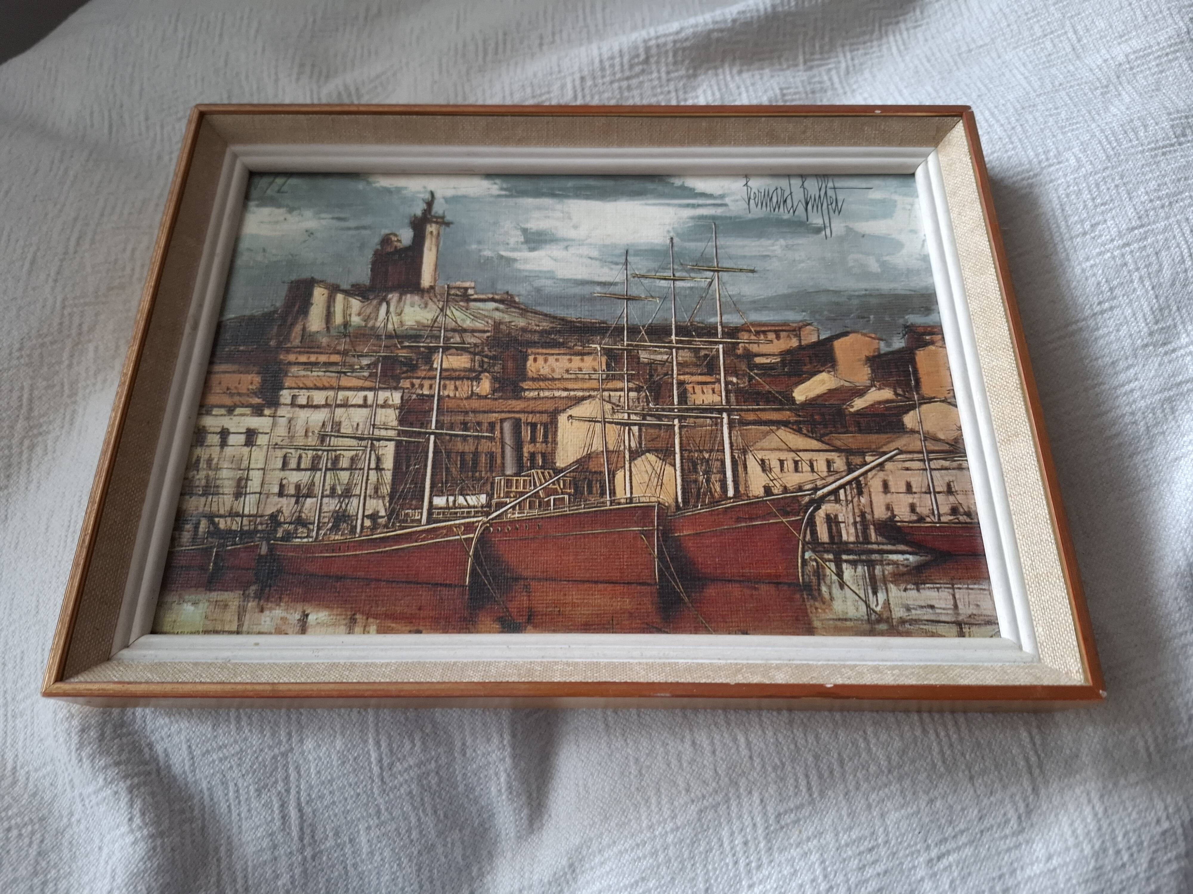 Tableau bernard buffet , marseille , bateaux dans le vieux port , edition braun
