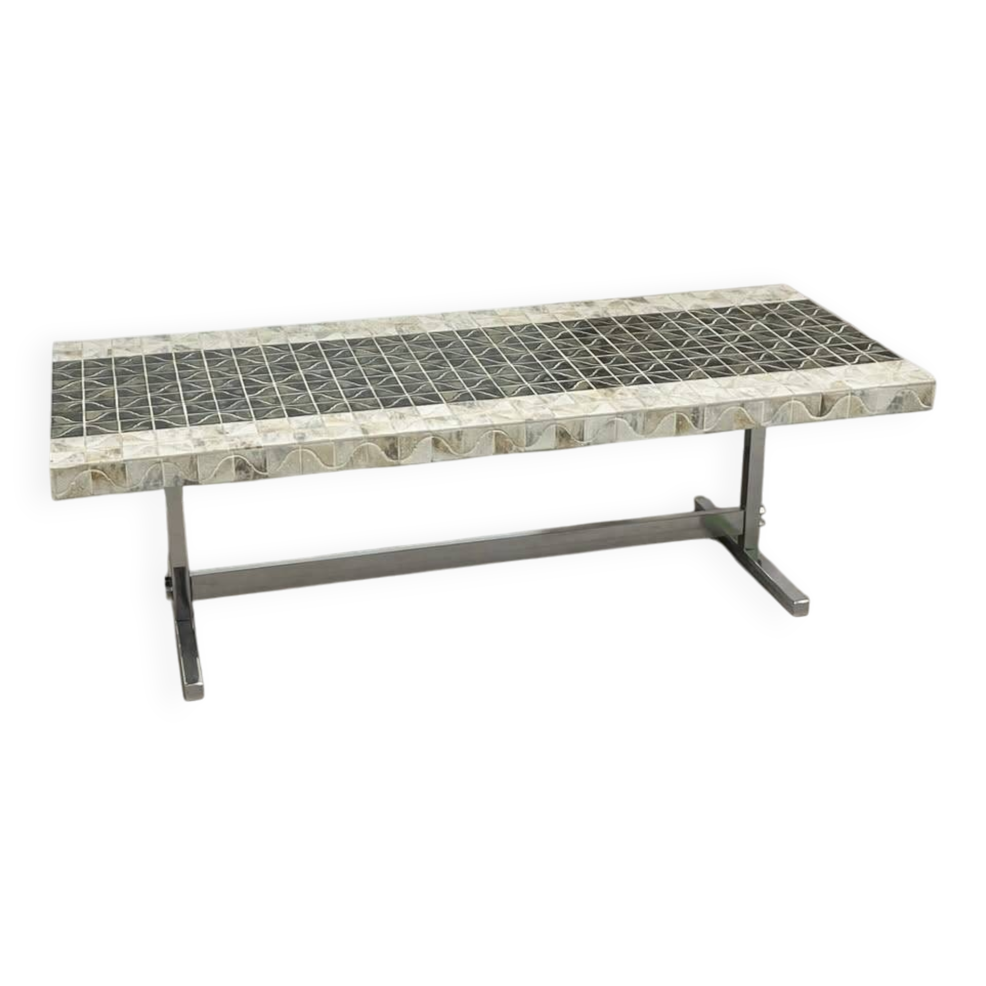 Vintage coffee table in chromed metal and ceramic