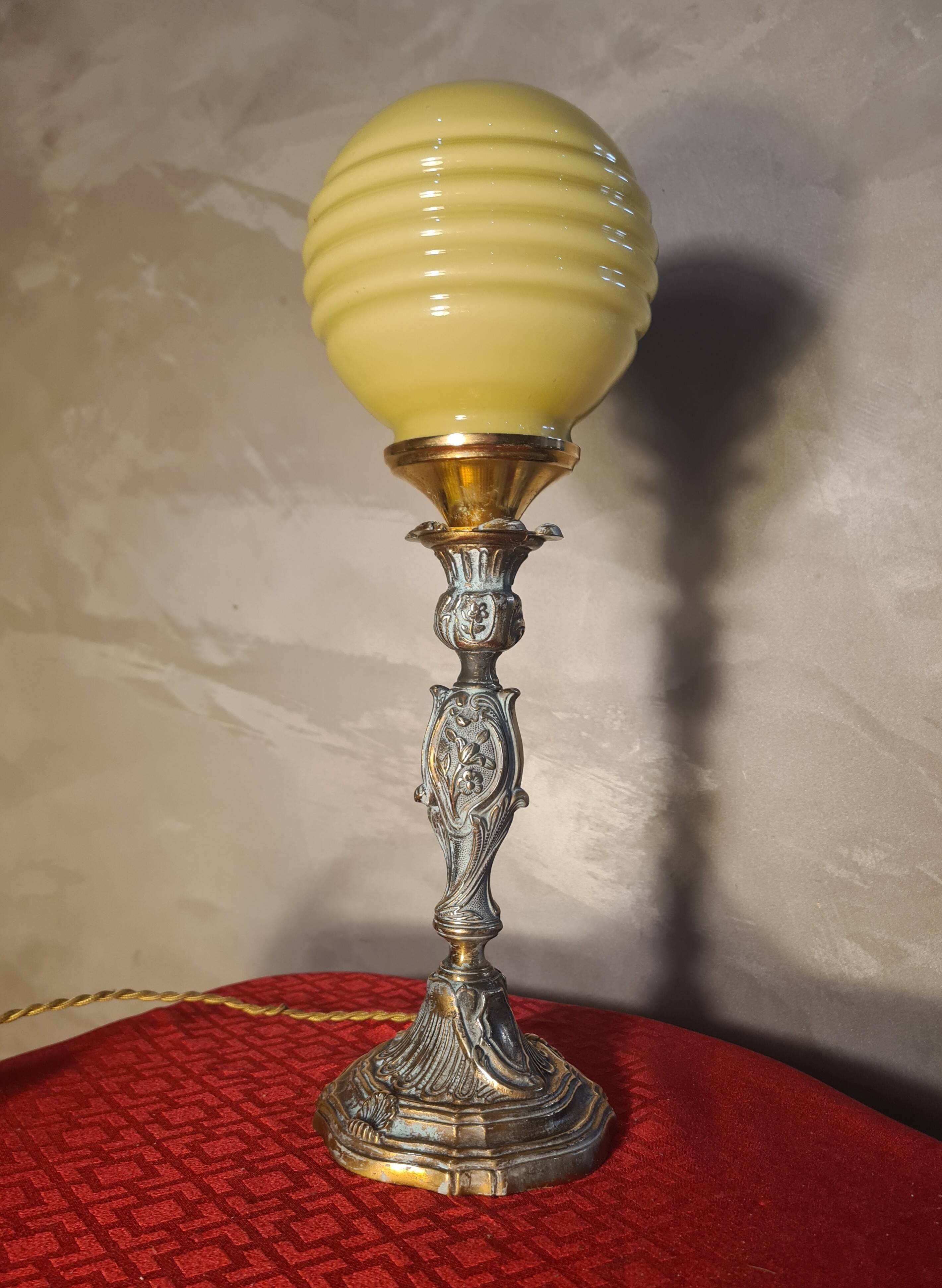 bronze lamp in Rococo style with yellow-green opaline ball, superb, electrical works fine