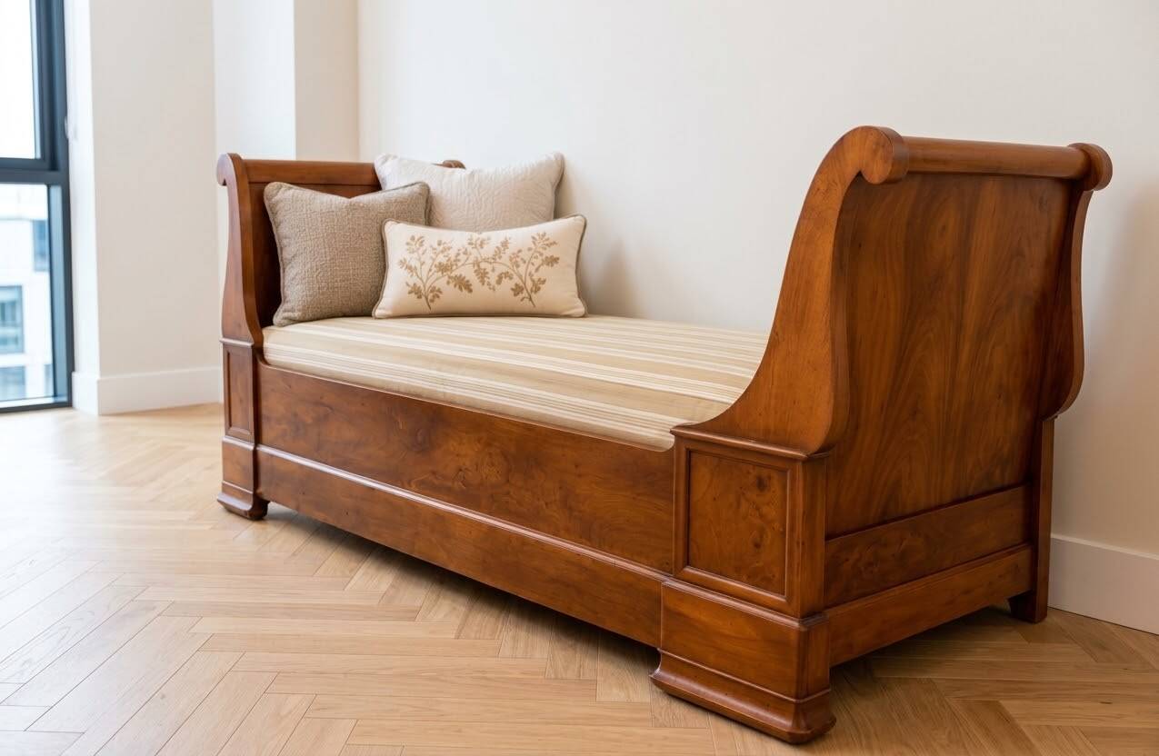 Lit bateau / Banquette ancienne noyer massif – Style Louis-Philippe –