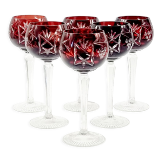 Set Of 6 Mid Century Crystal Wine Glasses With Hand Cut Decor From Hsg Hortensja, 1960s