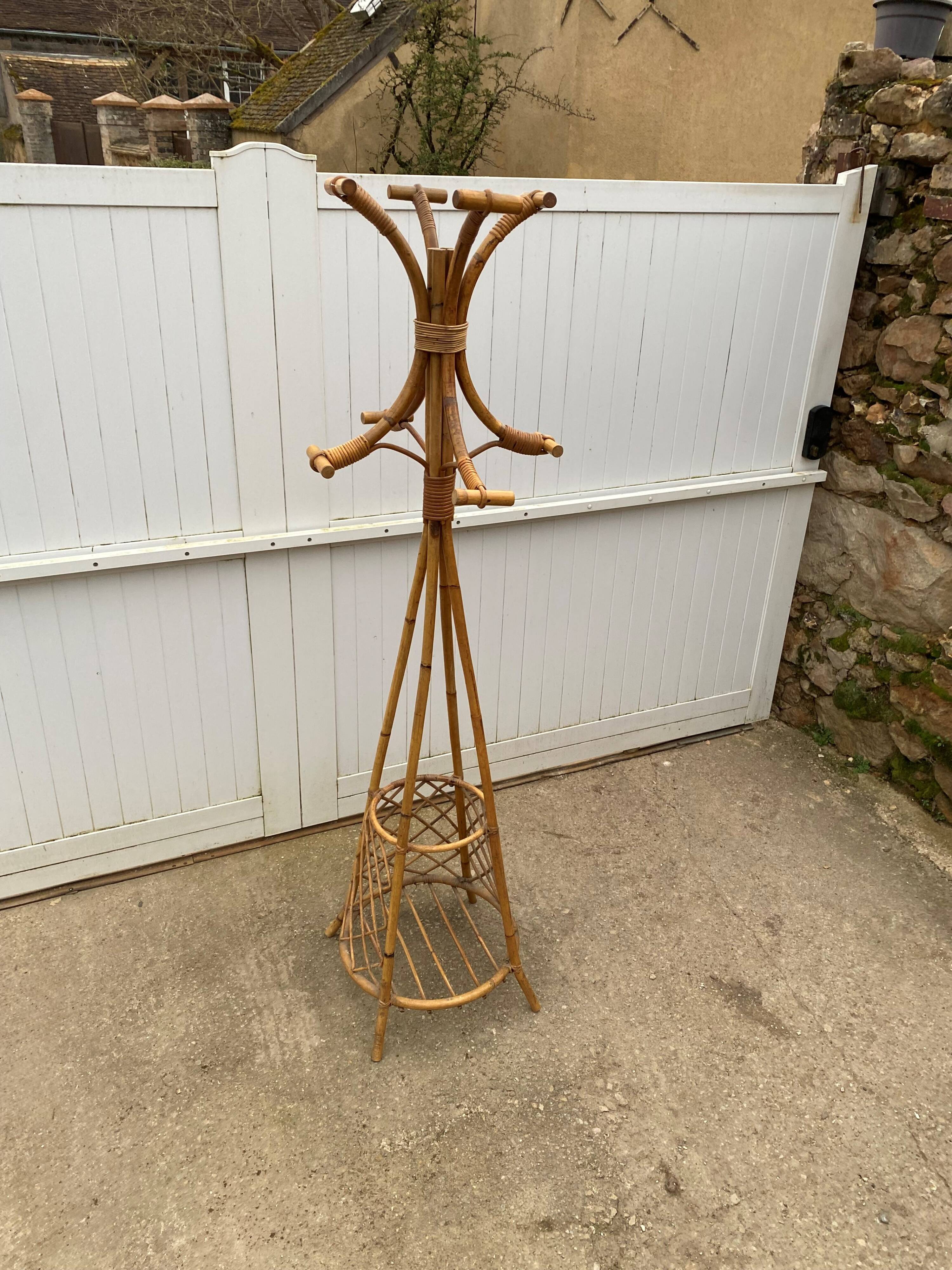 Vintage 1970s rattan coat rack