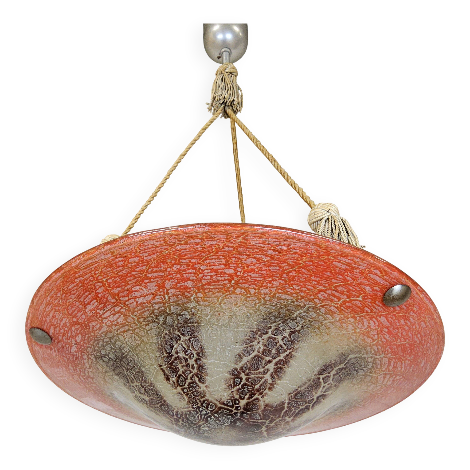 Antique orange German Art Deco WMF Ikora glass pendant lamp 1930