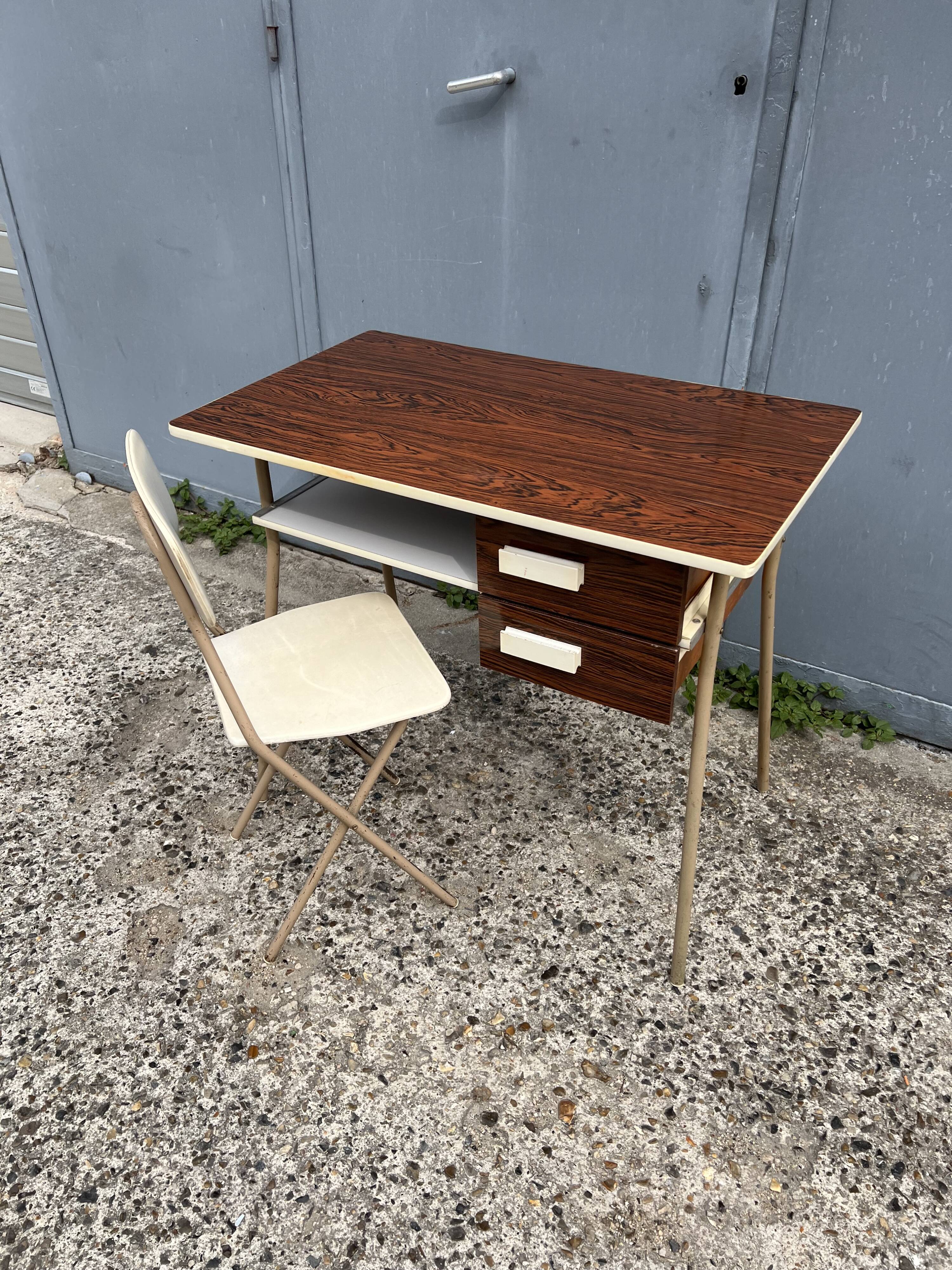Small vintage desk with formica drawers and 70s chair