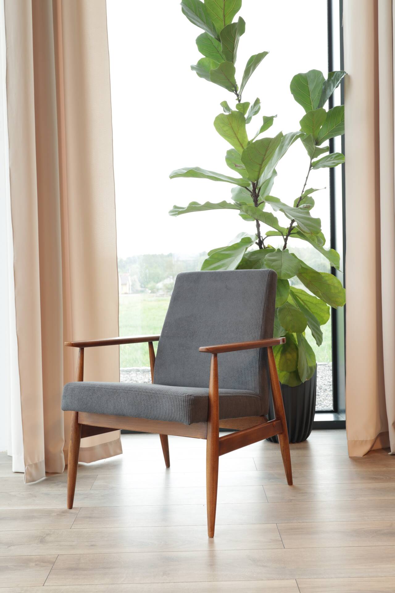 Dark Graphite Corduroy Lounge Chair Vintage Turned Legs Velvet Fabric 
