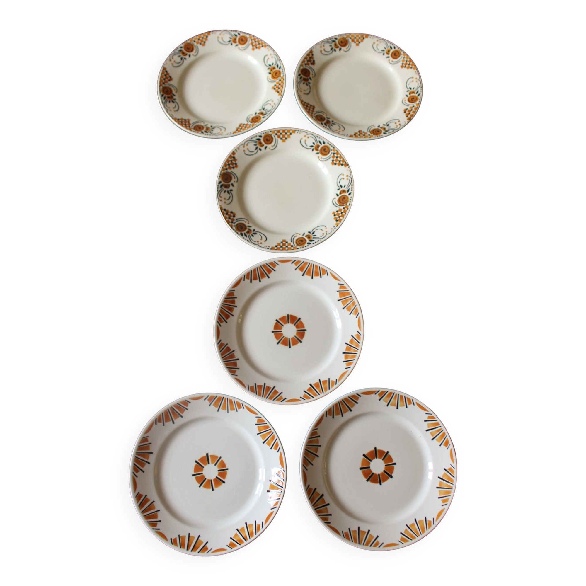 Set of 6 flat plates mismatched orange green Badonviller Saint Amand