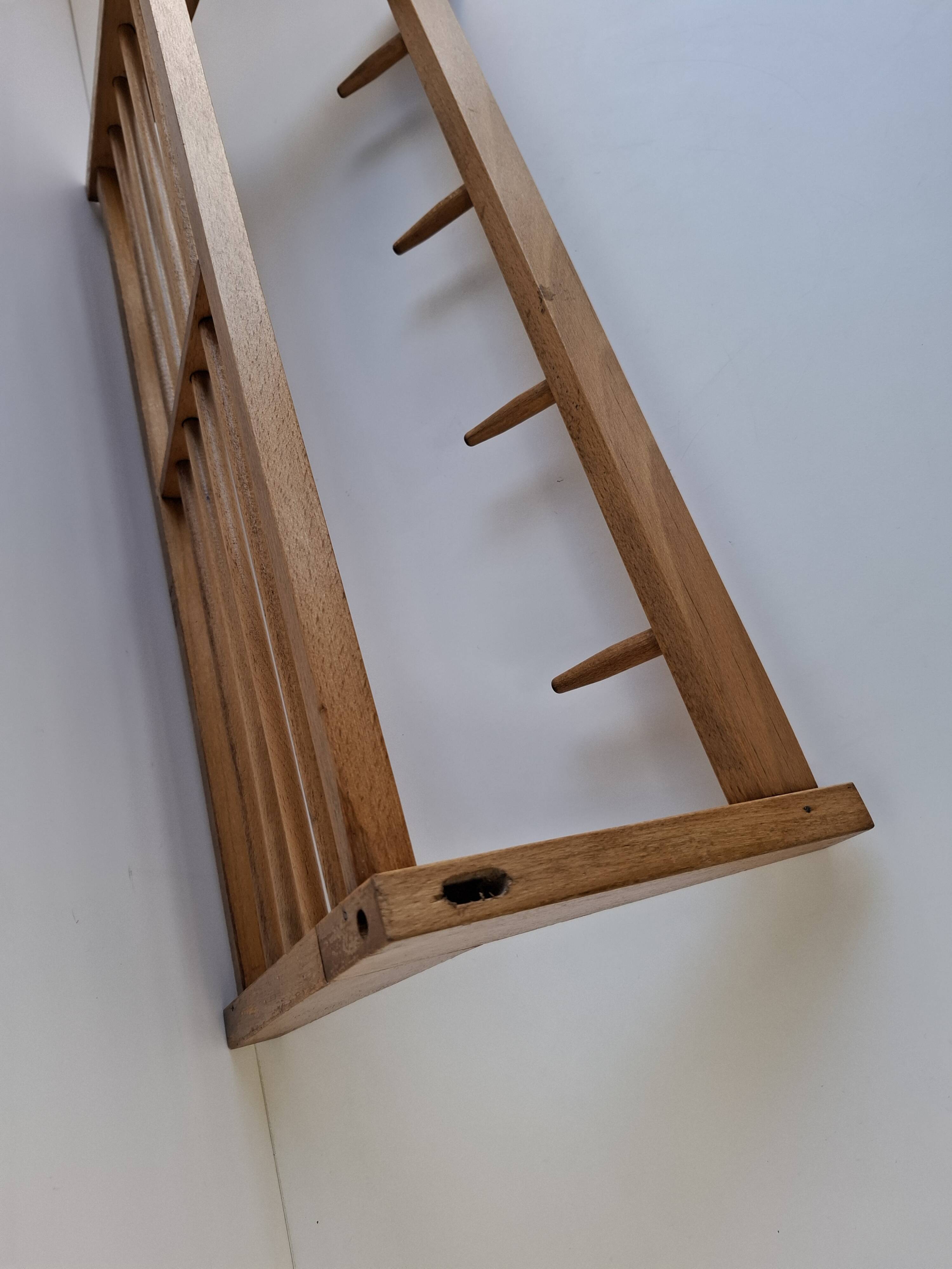 Mid-century Czechoslovak wooden wall coat rack with shelf, Uluv, 1970s