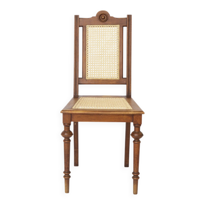 Chaise de salle à manger belge antique, chaise en osier restaurée, bois de hêtre, vers 1930.