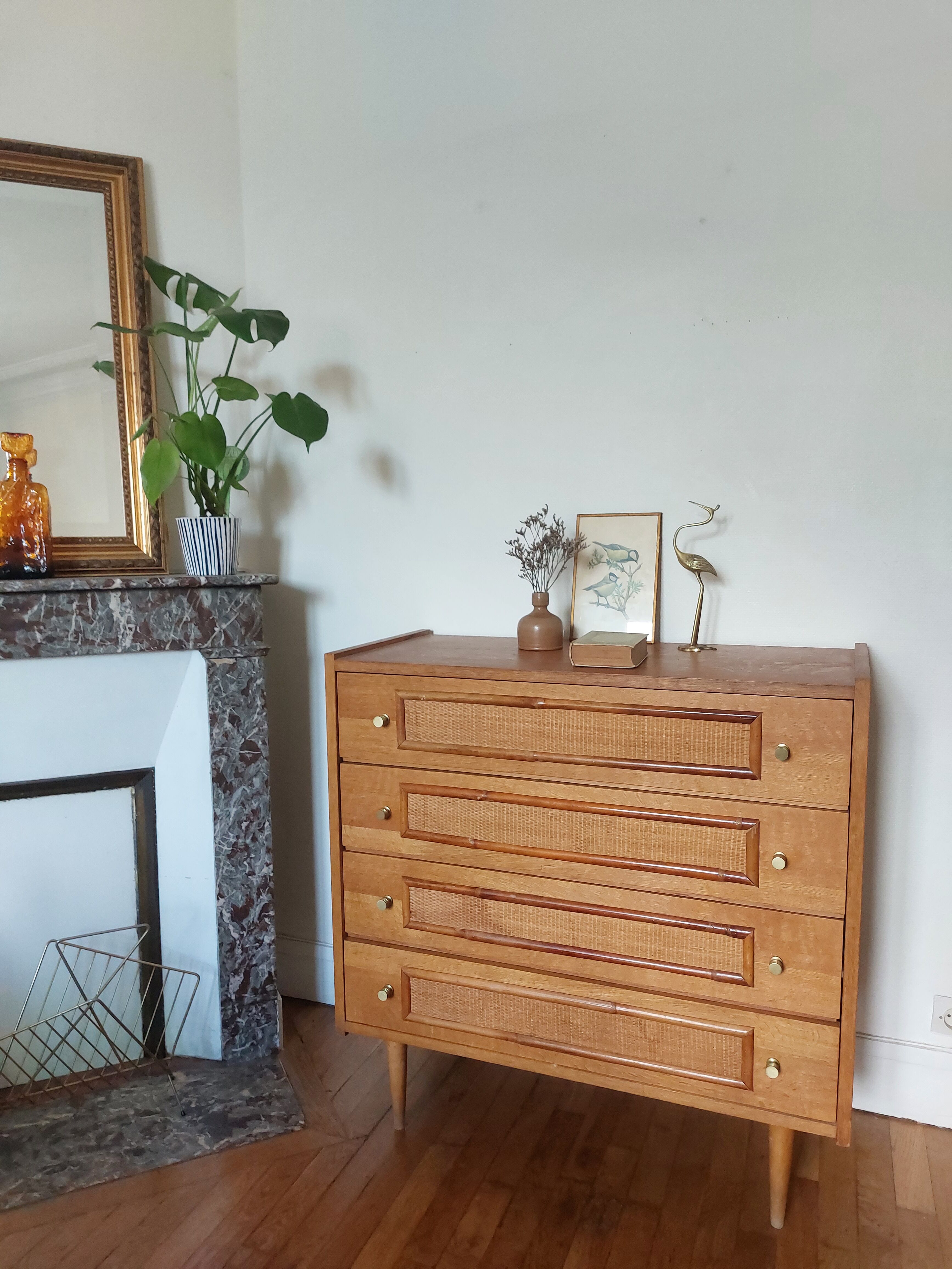 Vintage wood and rattan chest of drawers