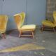 Trio de chauffeuses à oreilles wing chair danoise Elias Svedberg années 50/60 jaune vert
