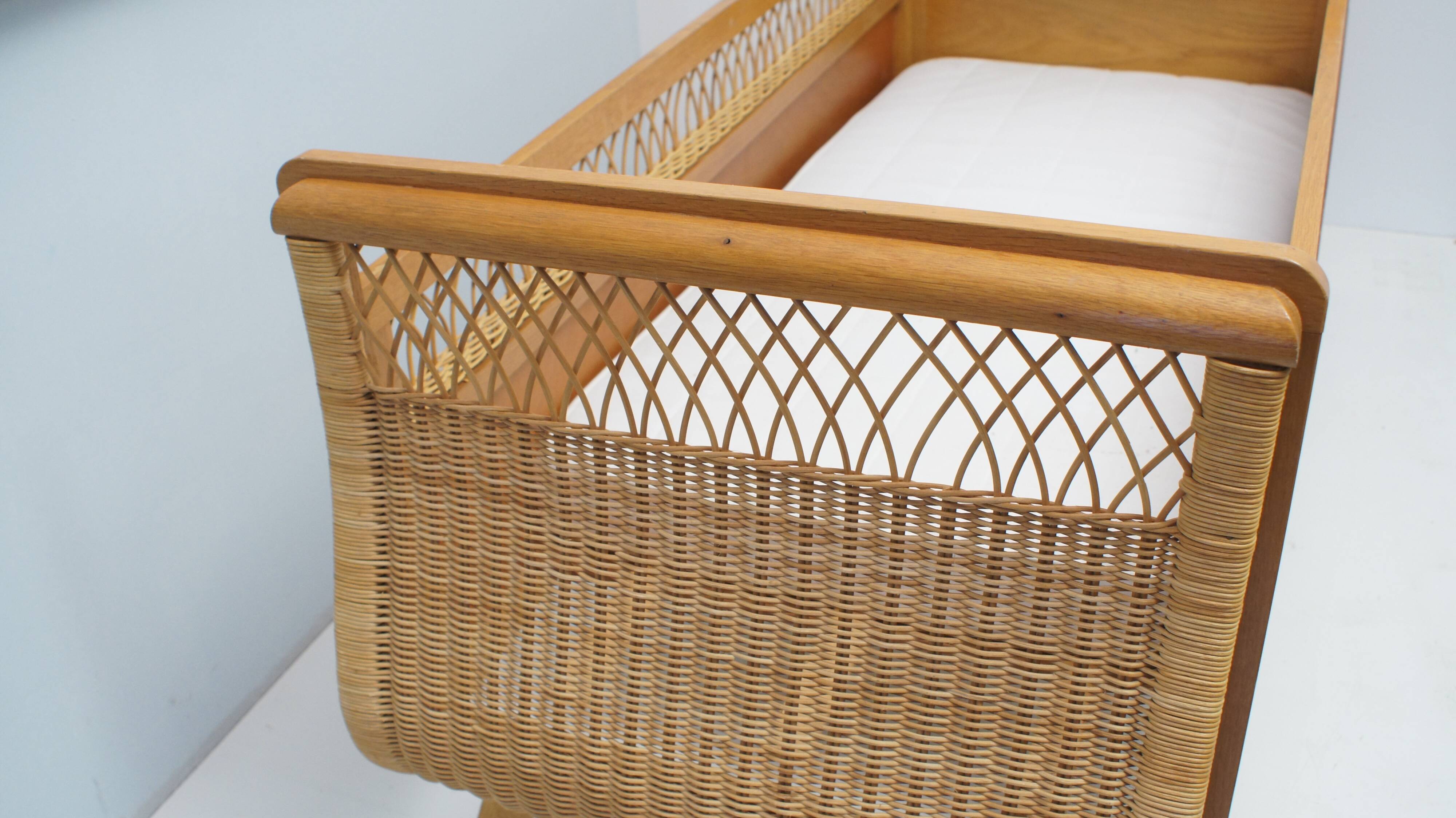 1960s oak and wicker baby bed