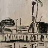 Drawing on panel representing the port of Nantes mid-20th century