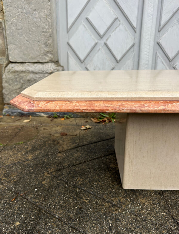 Table basse ancienne vintage en travertin et marbre rose