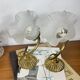 Pair of antique wall sconces with swan neck in brass, glass tulip.
