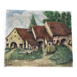 Naive painting of a farm in the Jura