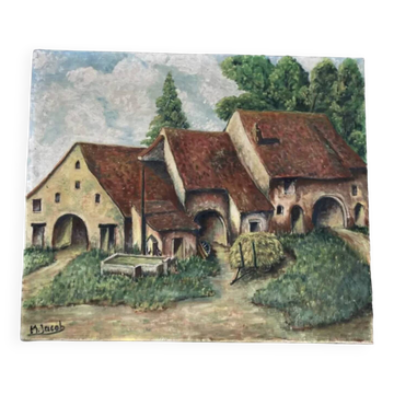 Naive painting of a farm in the Jura