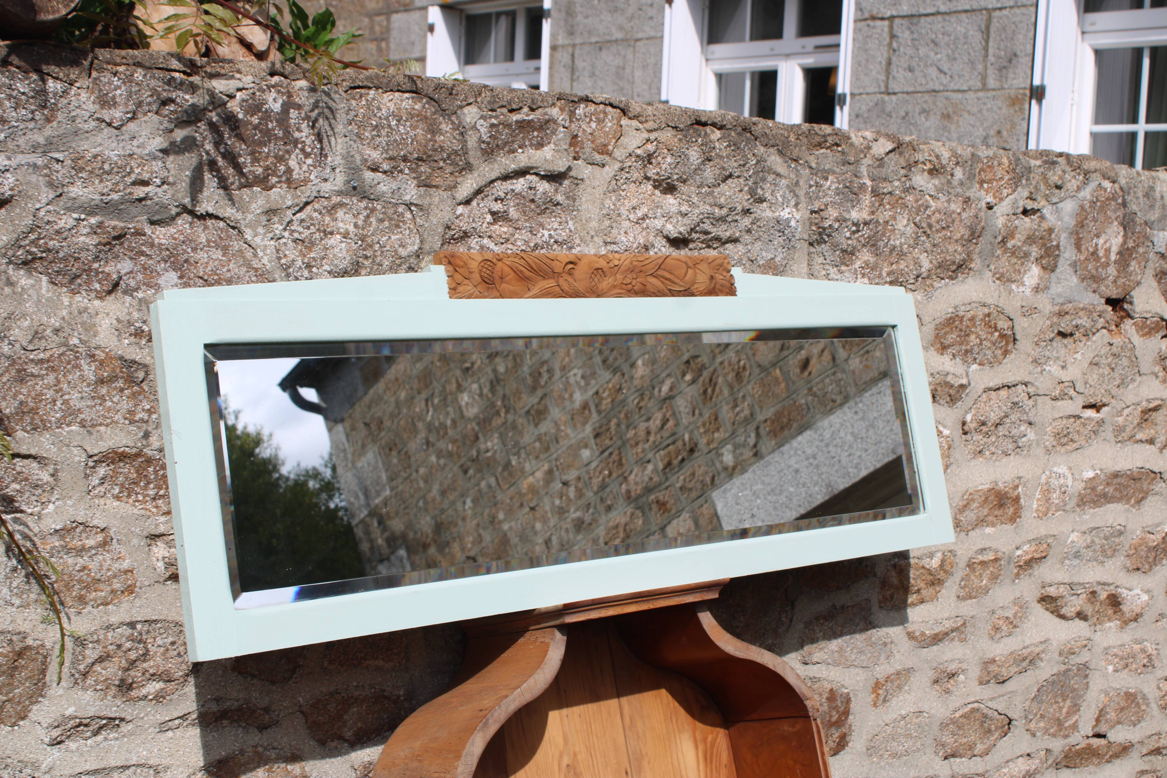 Miroir Art déco daté 1928 en bois massif – glace biseautée – 128 cm