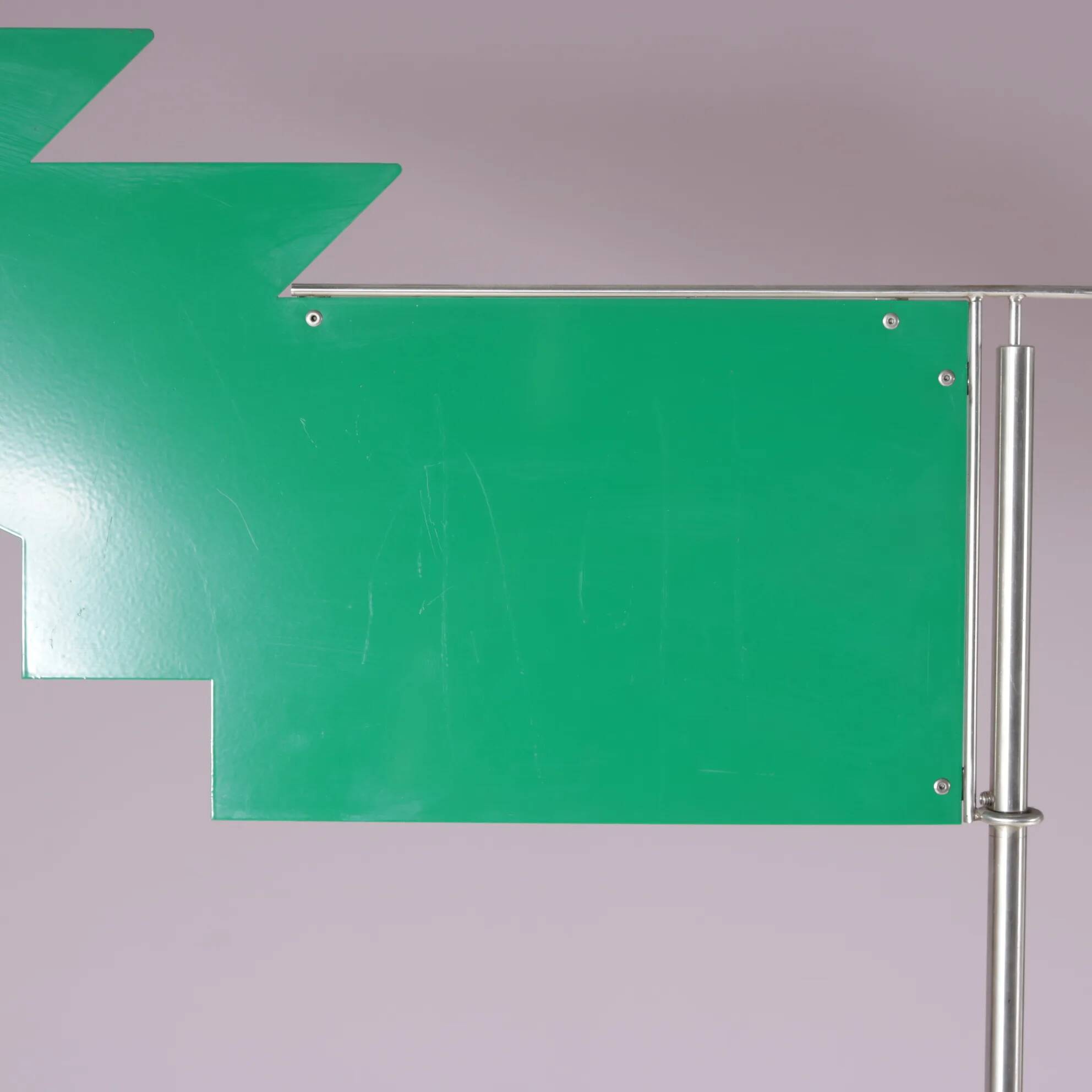 2000s wind sculpture/weathervane by Afra Scarpa and Tobia Scarpa, telescopic pole and stainless steel counterweight, green metal windvane for Dimensione Disegno