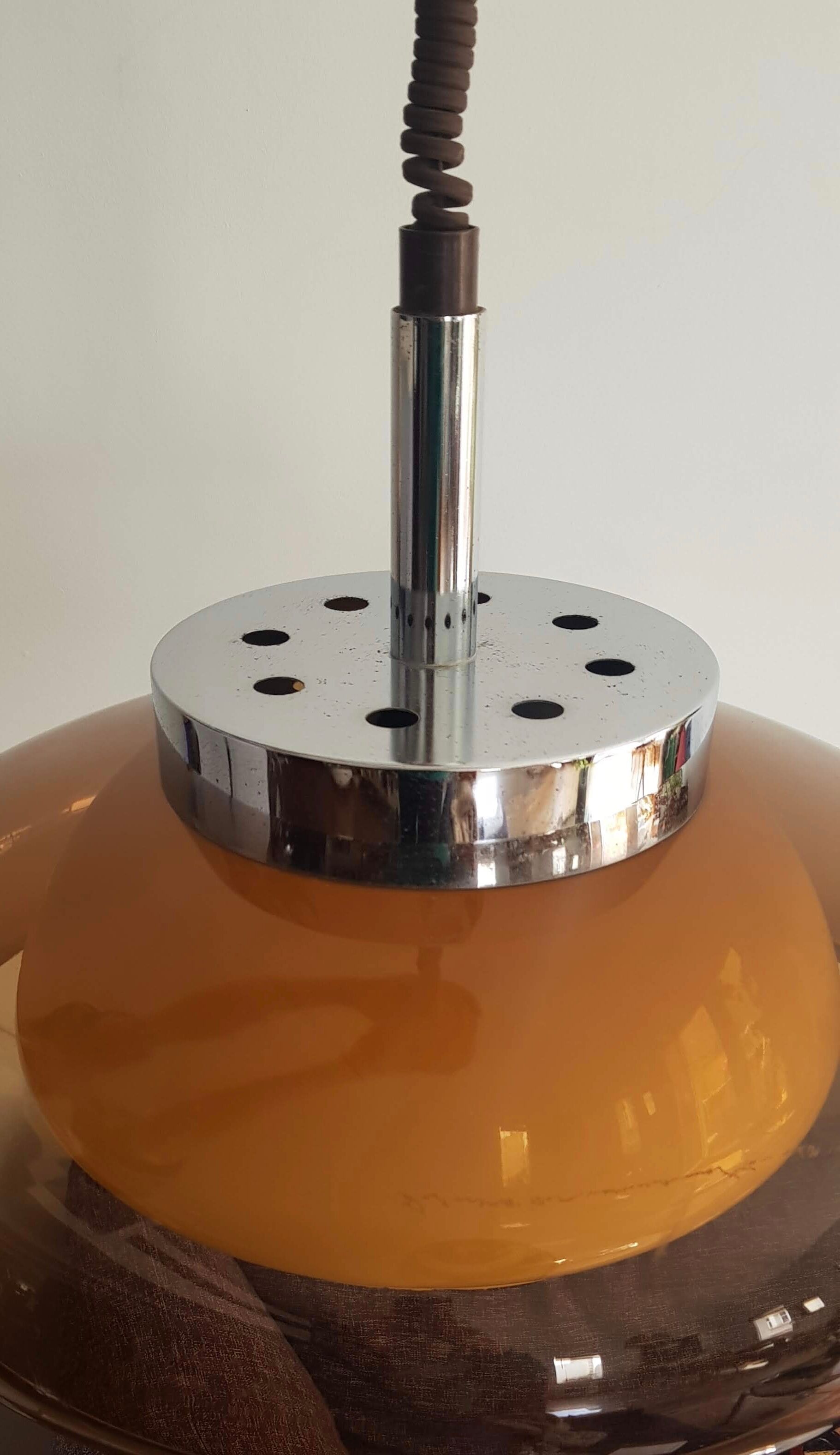 Vintage pendant lamp chrome and transparent brown plastic adjustable in height