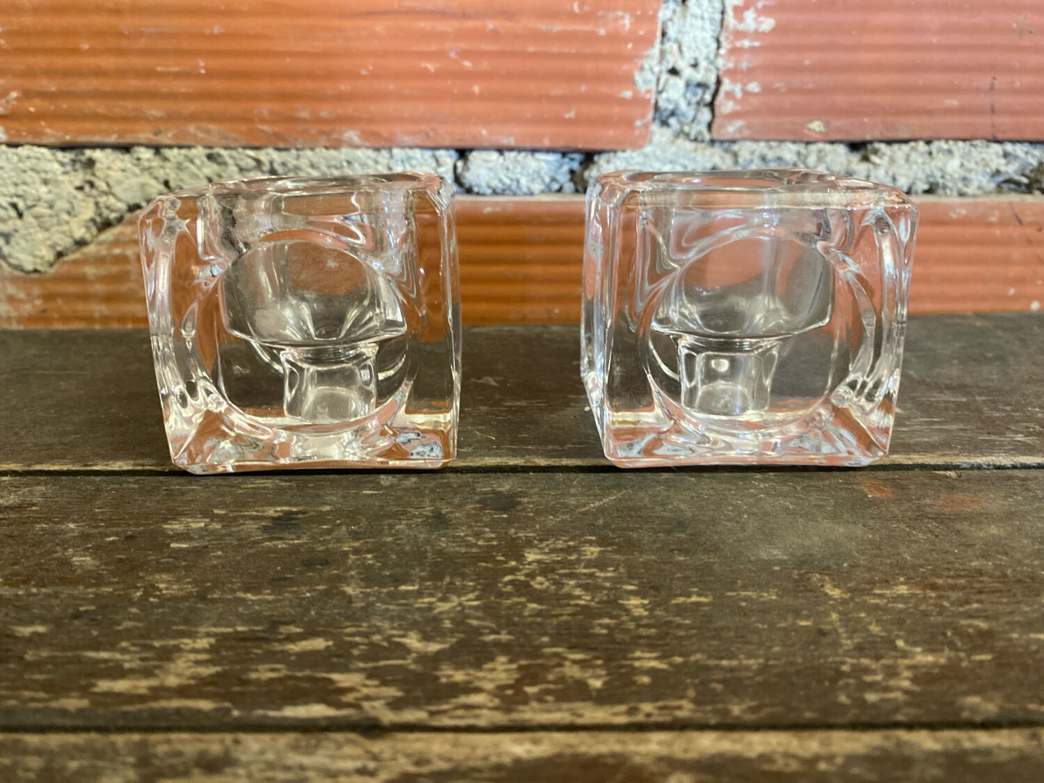 Pair of Modernist Cube Design Candle Holders Moulded Glass 1970s Vintage