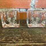 Pair of Modernist Cube Design Candle Holders Moulded Glass 1970s Vintage