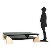 Vintage coffee table in pink marble and lacquered wood, 1970s design.