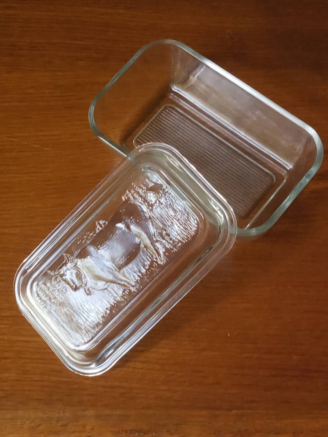 Glass butter dish with cow decor