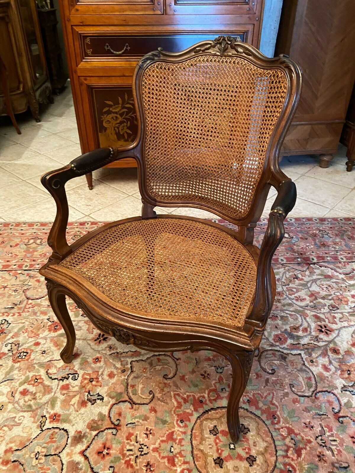 Solid walnut office chair seat and backrest caned Louis XV style