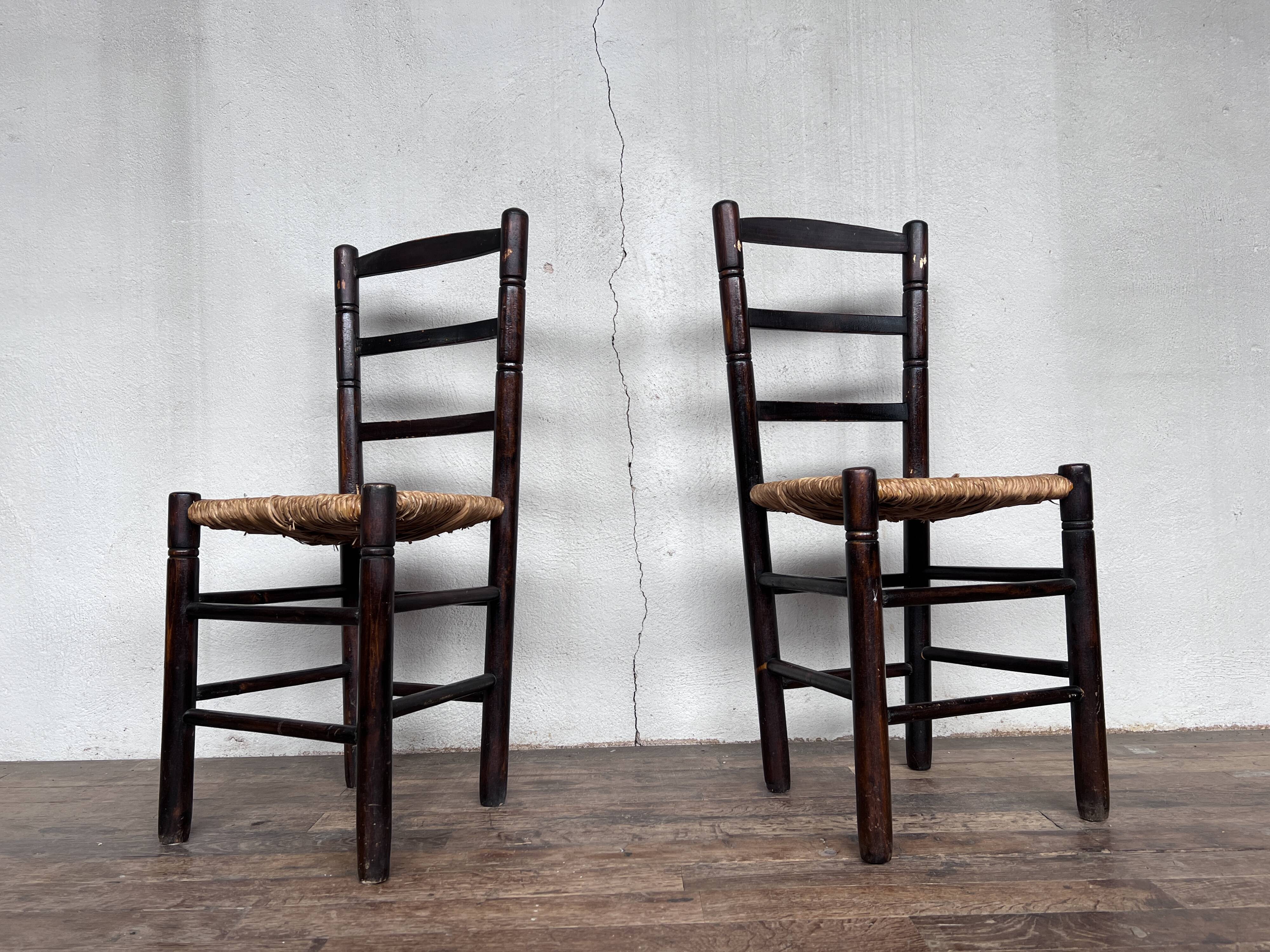 Paire de chaises brutaliste bois paille