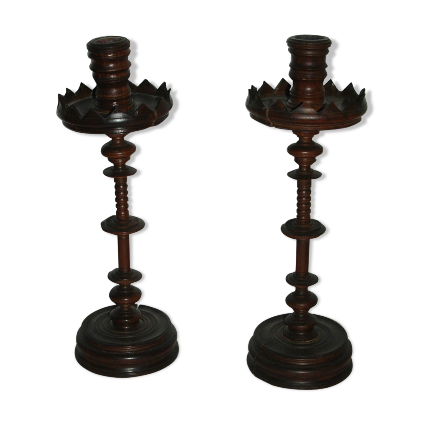 Pair of mahogany turned wood candlesticks