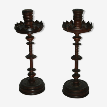 Pair of mahogany turned wood candlesticks