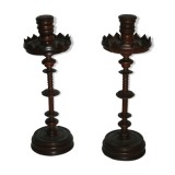 Pair of mahogany turned wood candlesticks