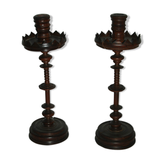 Pair of mahogany turned wood candlesticks