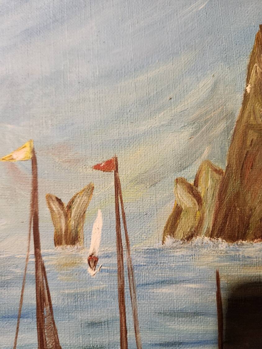 Vintage 1960s oil on canvas painting of a fishing port, framed and signed.