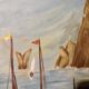 Vintage 1960s oil on canvas painting of a fishing port, framed and signed.