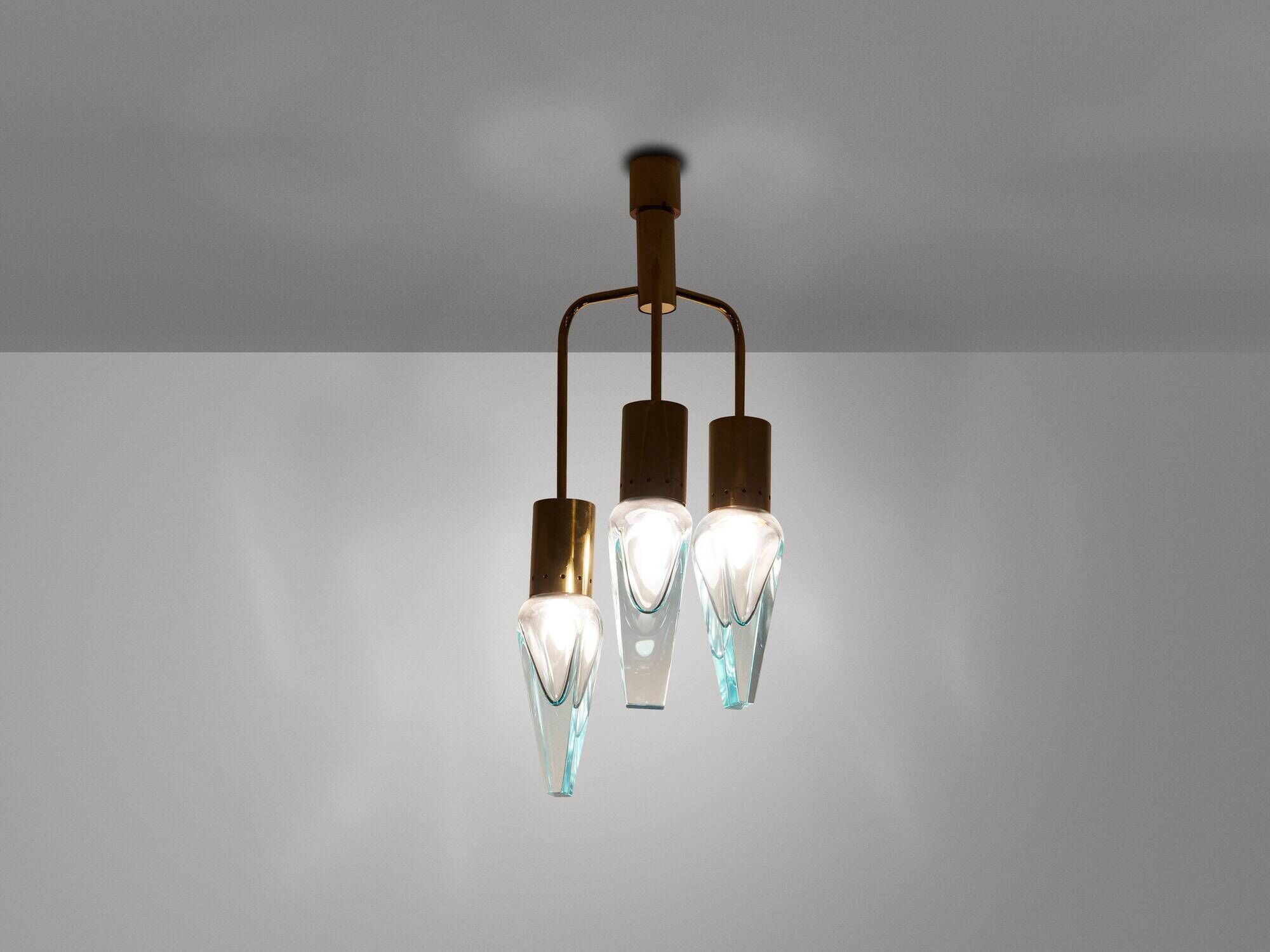 Flavio Poli for Seguso Murano glass and brass chandelier 1950