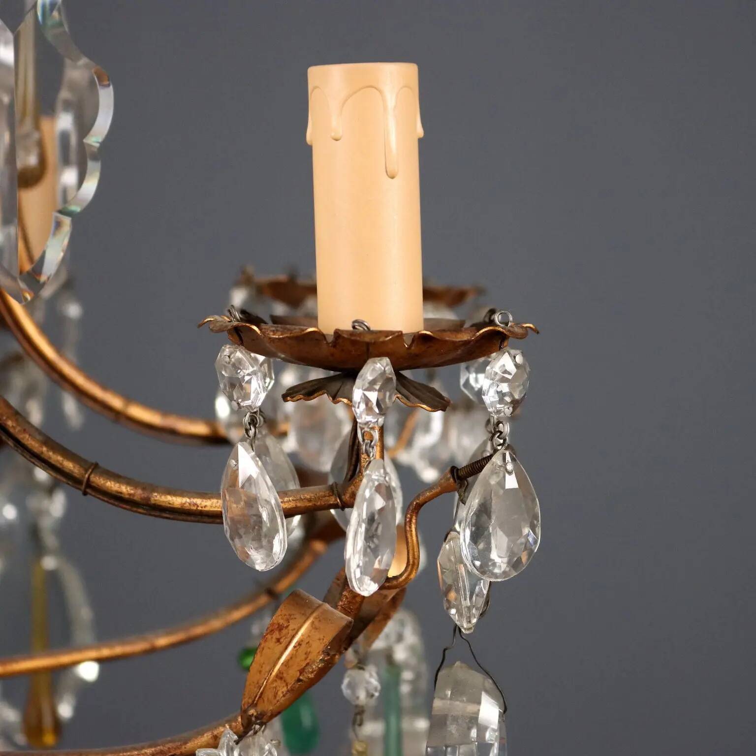 Antique chandelier in gilded iron and glass, Italy, 20th century