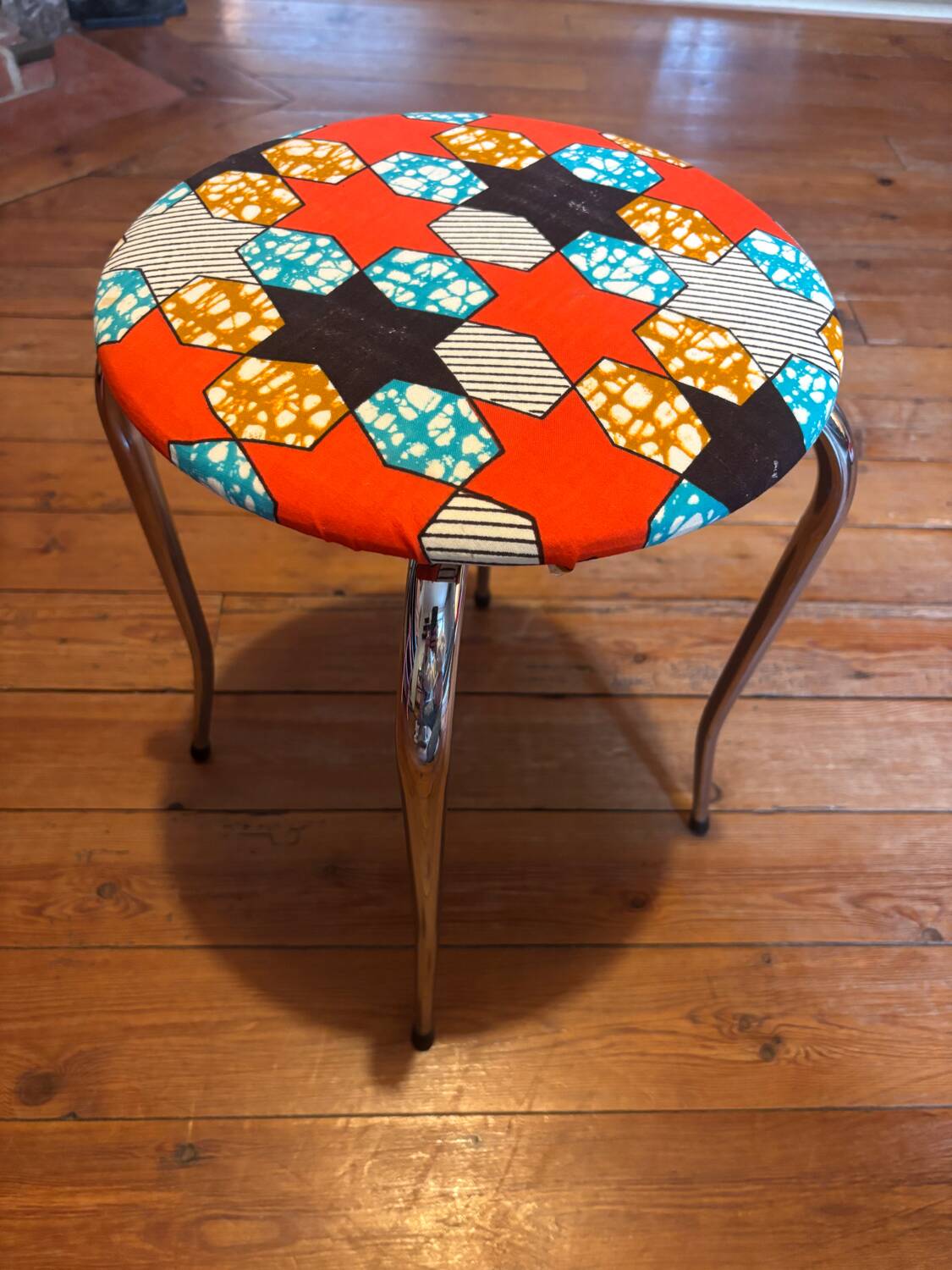 Vintage stool, new wax fabric