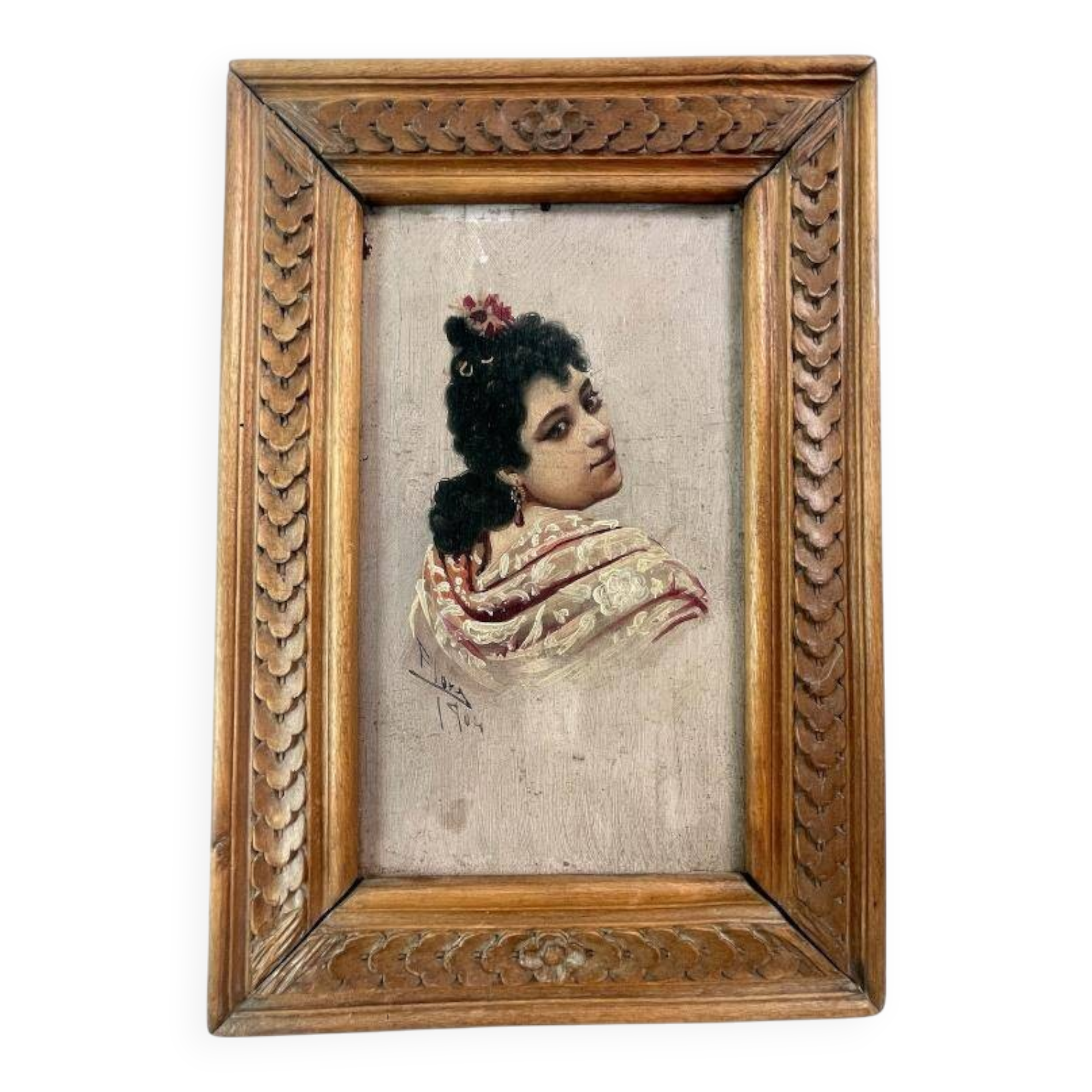 Old portrait signed "Flora" – Oil on wood dated 1904 – Carved frame
