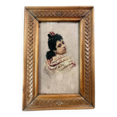Old portrait signed "Flora" – Oil on wood dated 1904 – Carved frame