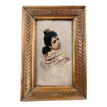 Old portrait signed "Flora" – Oil on wood dated 1904 – Carved frame