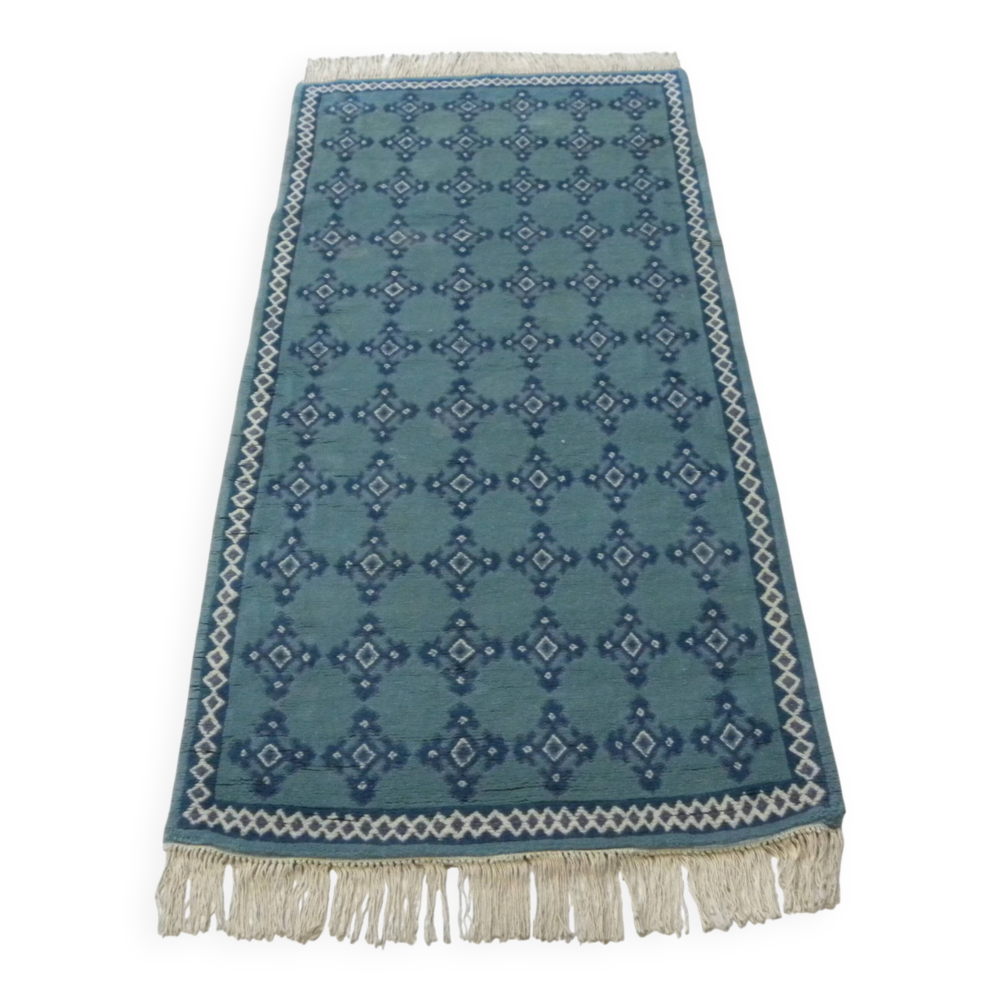 Vintage Traditional Oriental Carpet Green Blue Hand-Knotted Wool