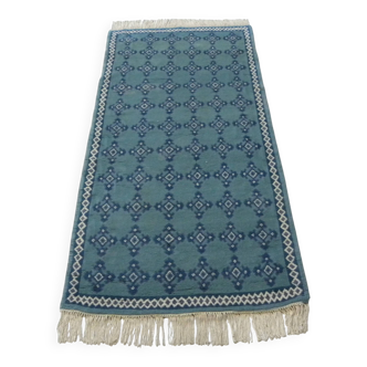 Vintage Traditional Oriental Carpet Green Blue Hand-Knotted Wool