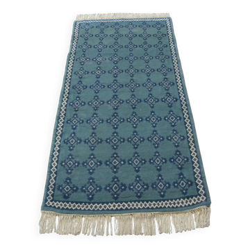 Vintage Traditional Oriental Carpet Green Blue Hand-Knotted Wool