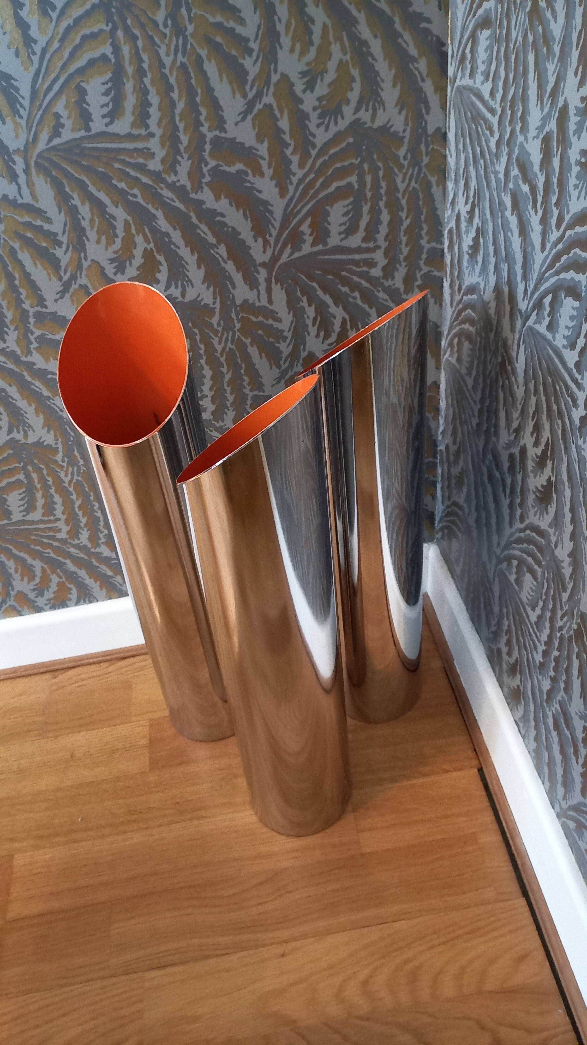 Vintage cylindrical chrome vase from the 1970s.