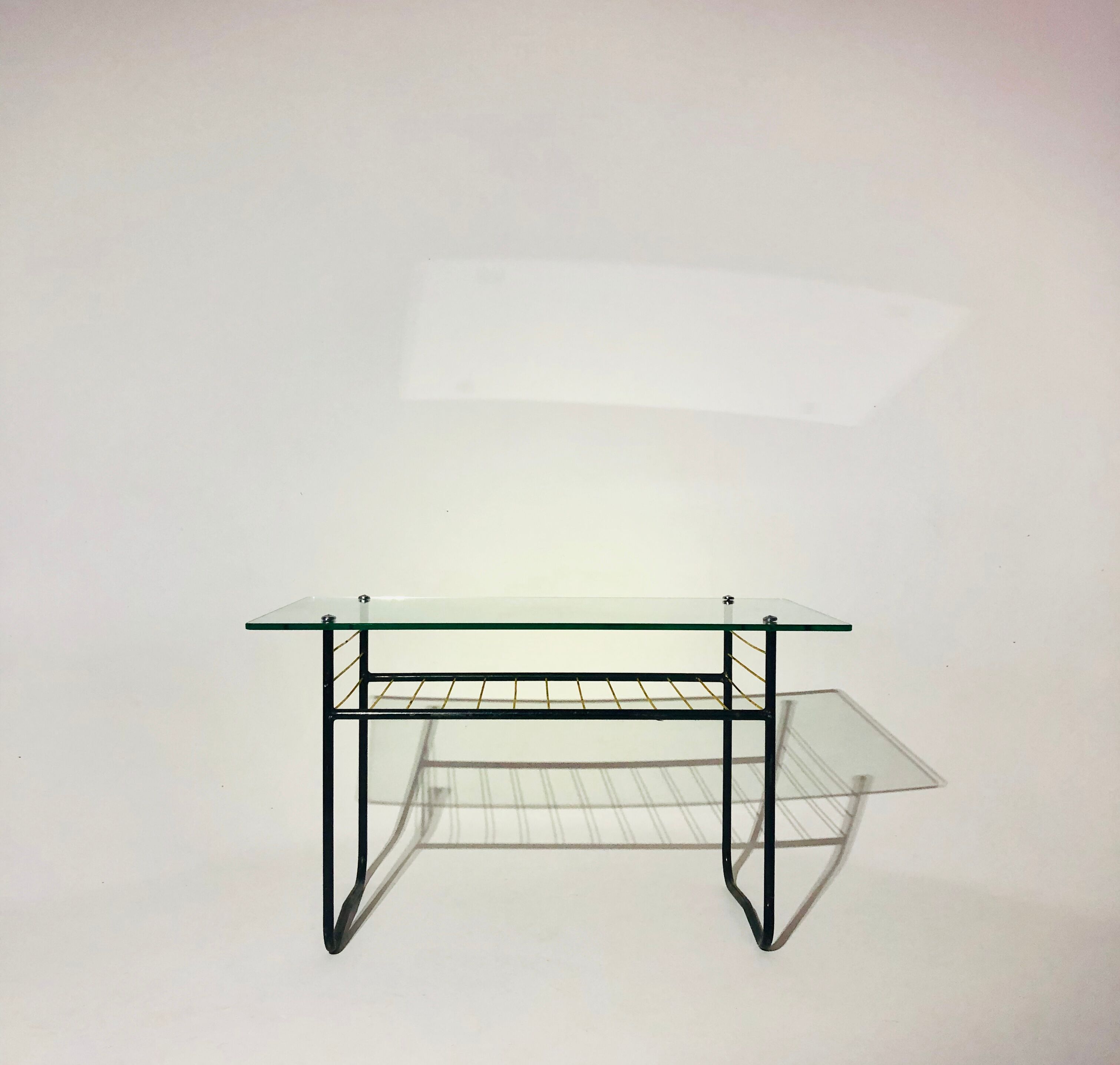 Vintage coffee table 1960 - scoubidou, black tubular metal and glass top