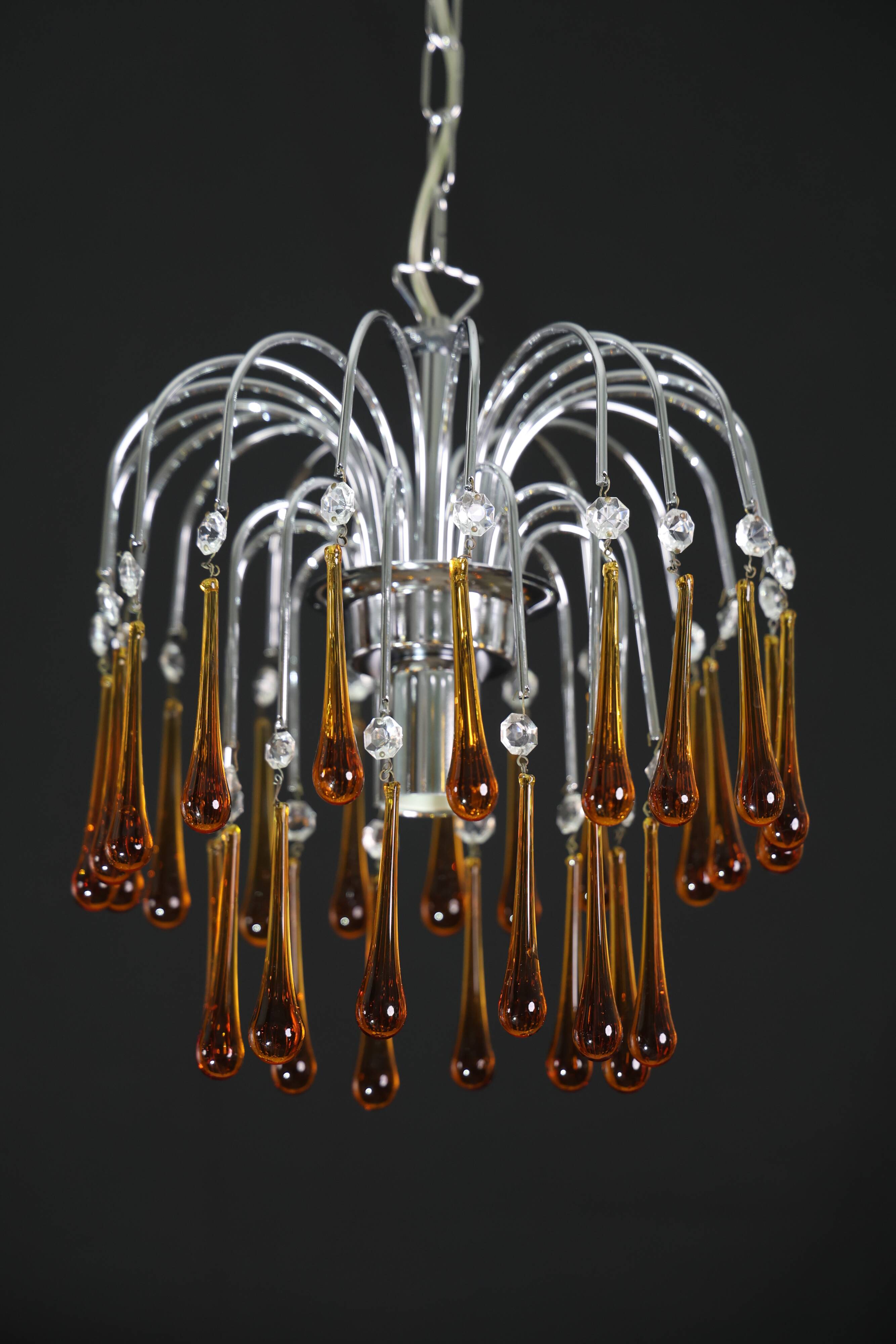 The Amber Crown, Murano Chandelier Amber and Crystal Drops, 1970s